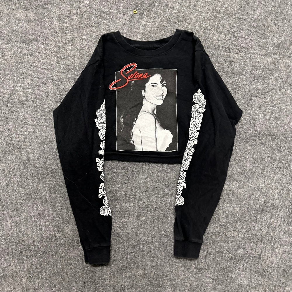 Selena Crop Top Womens Size S Black Long Sleeve Graphic Rose Print Raw Hem Tee